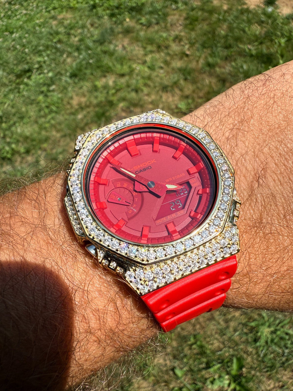 MOISSANITE Real 14k Gold Over 925 Silver Iced Red Casio G Shock GA2100 Watch