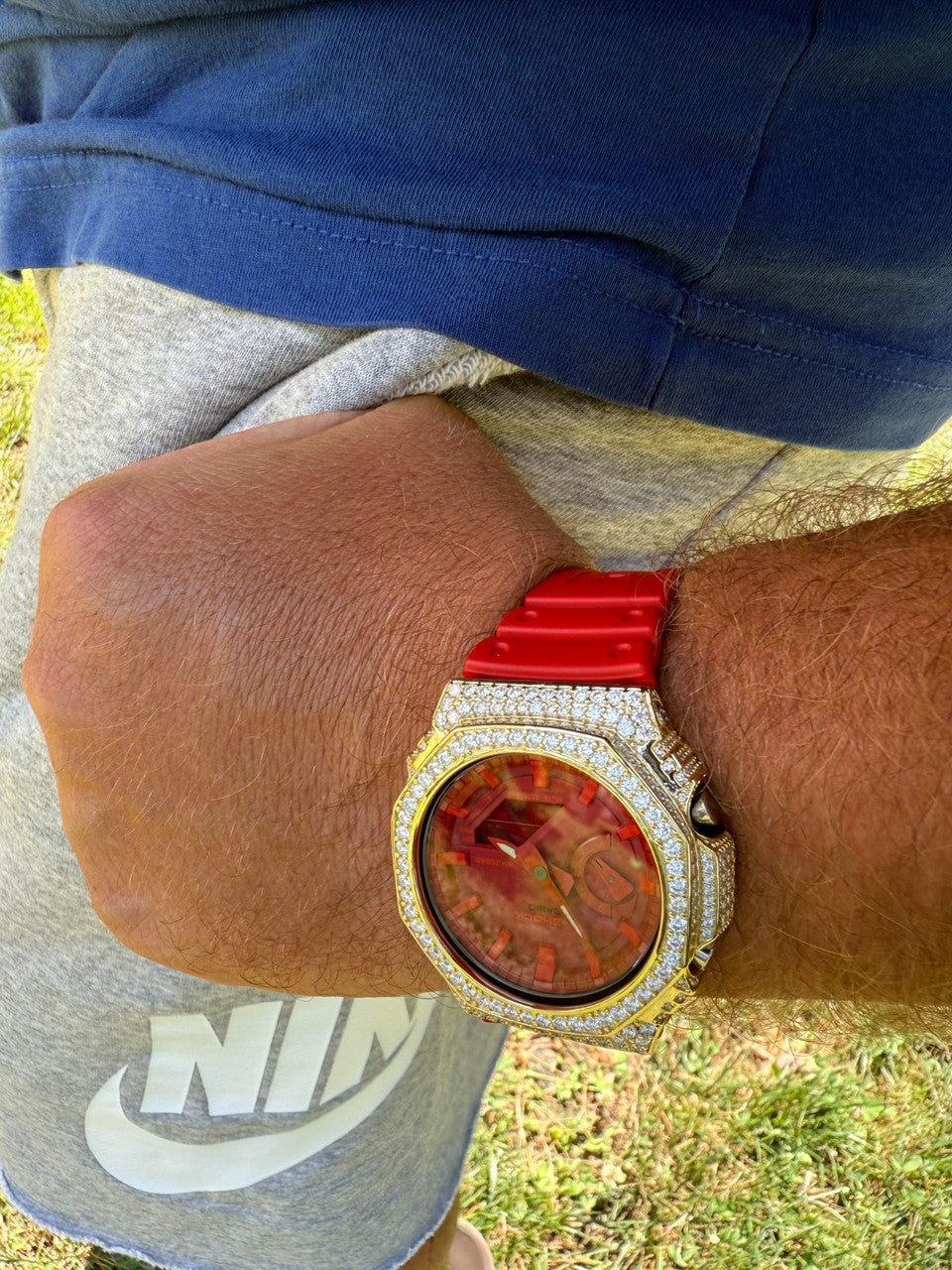 MOISSANITE Real 14k Gold Over 925 Silver Iced Red Casio G Shock GA2100 Watch