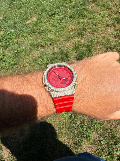 MOISSANITE Real 14k Gold Over 925 Silver Iced Red Casio G Shock GA2100 Watch