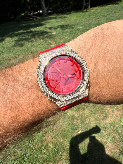 MOISSANITE Real 14k Gold Over 925 Silver Iced Red Casio G Shock GA2100 Watch