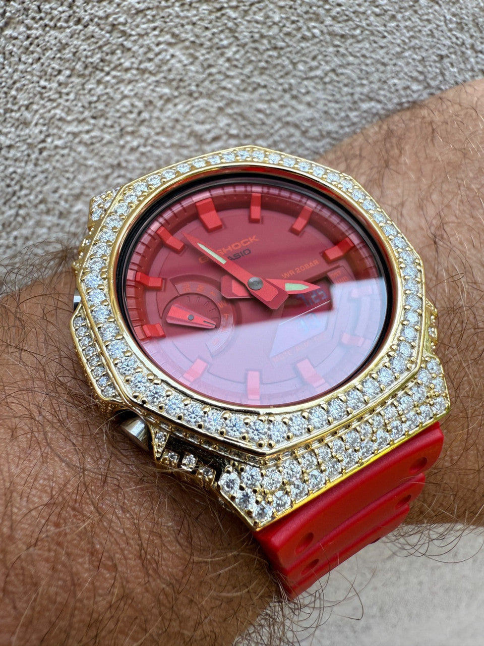 MOISSANITE Real 14k Gold Over 925 Silver Iced Red Casio G Shock GA2100 Watch