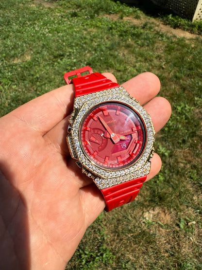 MOISSANITE Real 14k Gold Over 925 Silver Iced Red Casio G Shock GA2100 Watch