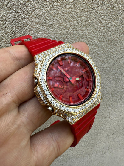 MOISSANITE Real 14k Gold Over 925 Silver Iced Red Casio G Shock GA2100 Watch