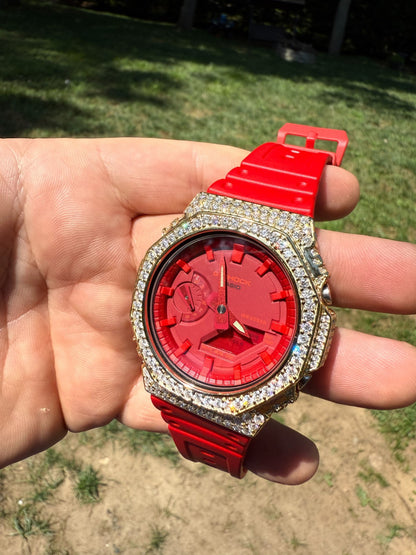 MOISSANITE Real 14k Gold Over 925 Silver Iced Red Casio G Shock GA2100 Watch