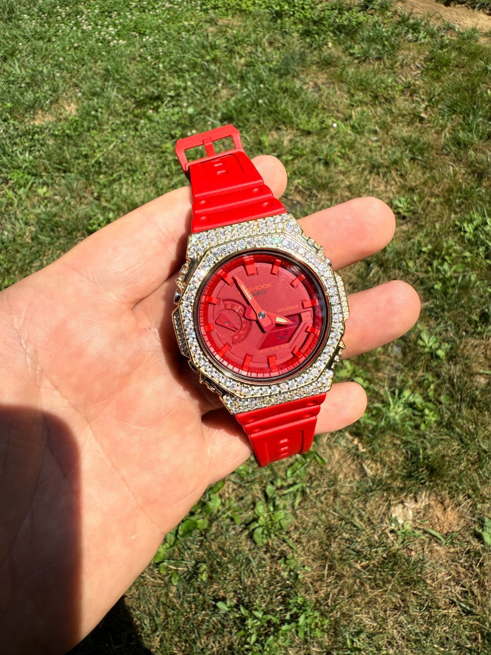 MOISSANITE Real 14k Gold Over 925 Silver Iced Red Casio G Shock GA2100 Watch