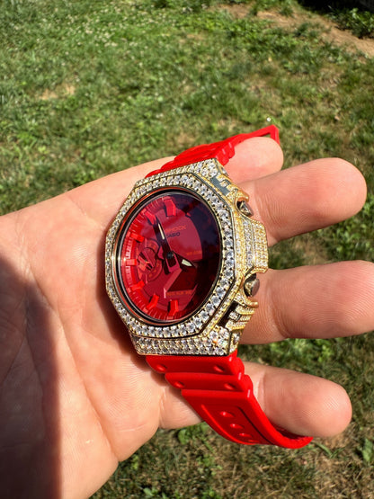 MOISSANITE Real 14k Gold Over 925 Silver Iced Red Casio G Shock GA2100 Watch