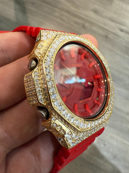 MOISSANITE Real 14k Gold Over 925 Silver Iced Red Casio G Shock GA2100 Watch