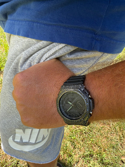 BLACK MOISSANITE Real Black 925 Silver Iced Casio G Shock GA2100 Hip Hop Watch