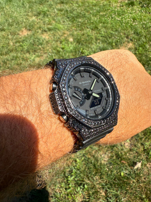 BLACK MOISSANITE Real Black 925 Silver Iced Casio G Shock GA2100 Hip Hop Watch