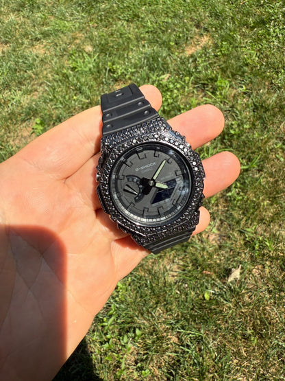 BLACK MOISSANITE Real Black 925 Silver Iced Casio G Shock GA2100 Hip Hop Watch