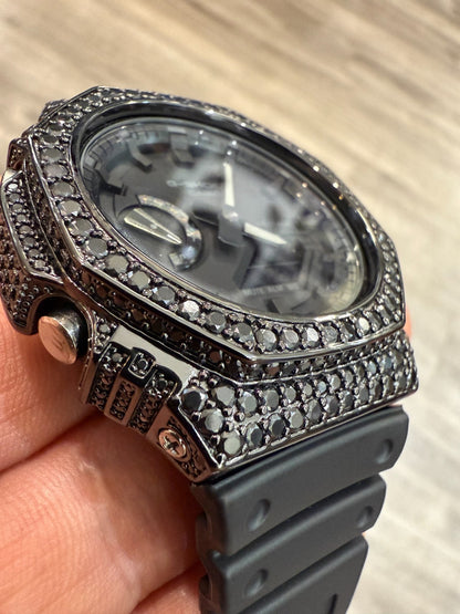 BLACK MOISSANITE Real Black 925 Silver Iced Casio G Shock GA2100 Hip Hop Watch