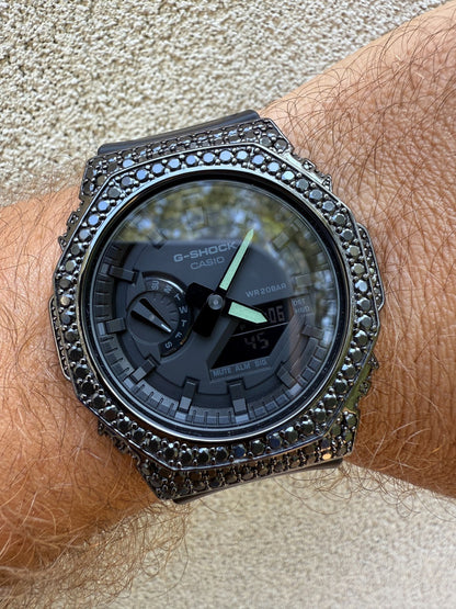 BLACK MOISSANITE Real Black 925 Silver Iced Casio G Shock GA2100 Hip Hop Watch