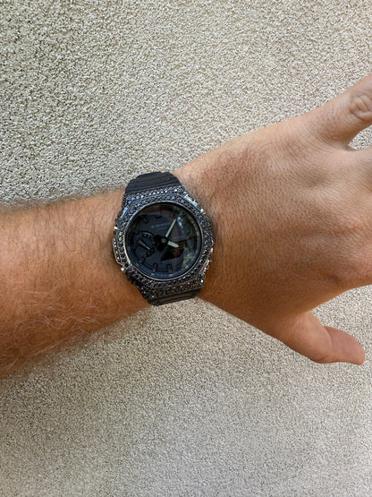 BLACK MOISSANITE Real Black 925 Silver Iced Casio G Shock GA2100 Hip Hop Watch