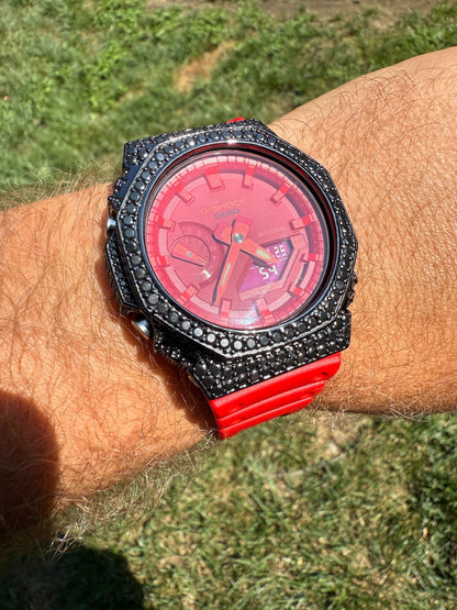 BLACK MOISSANITE Real 925 Silver Iced Red Casio G Shock GA2100 Hip Hop Watch