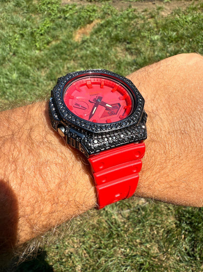 BLACK MOISSANITE Real 925 Silver Iced Red Casio G Shock GA2100 Hip Hop Watch
