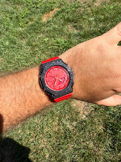 BLACK MOISSANITE Real 925 Silver Iced Red Casio G Shock GA2100 Hip Hop Watch