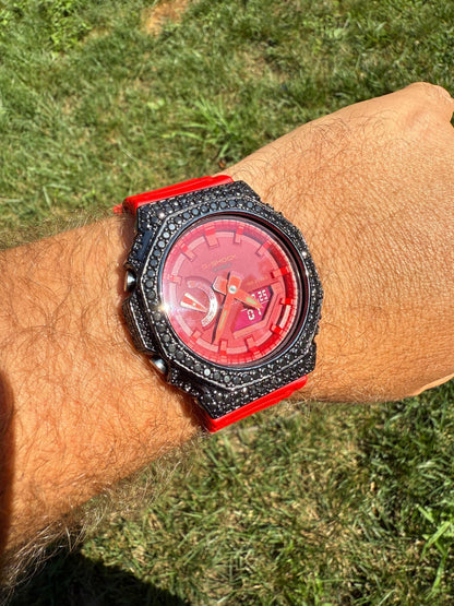 BLACK MOISSANITE Real 925 Silver Iced Red Casio G Shock GA2100 Hip Hop Watch