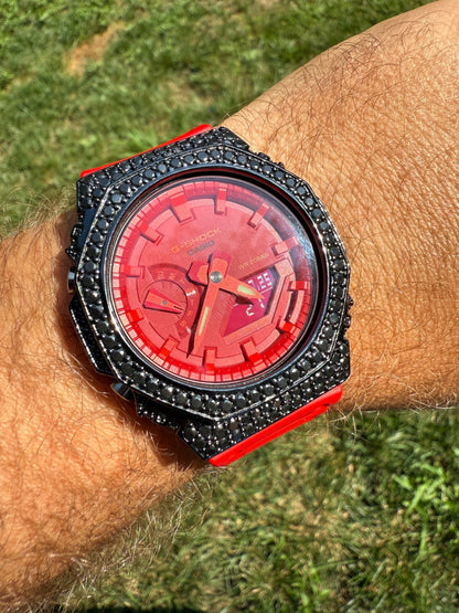 BLACK MOISSANITE Real 925 Silver Iced Red Casio G Shock GA2100 Hip Hop Watch
