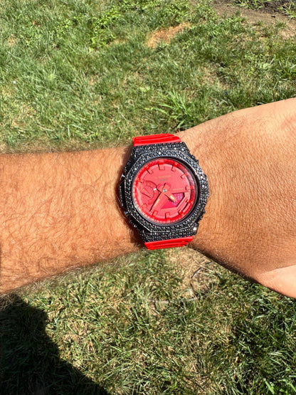 BLACK MOISSANITE Real 925 Silver Iced Red Casio G Shock GA2100 Hip Hop Watch