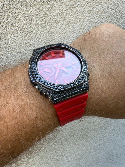 BLACK MOISSANITE Real 925 Silver Iced Red Casio G Shock GA2100 Hip Hop Watch
