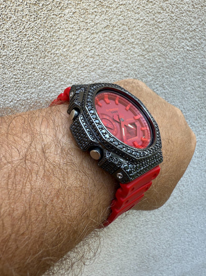 BLACK MOISSANITE Real 925 Silver Iced Red Casio G Shock GA2100 Hip Hop Watch