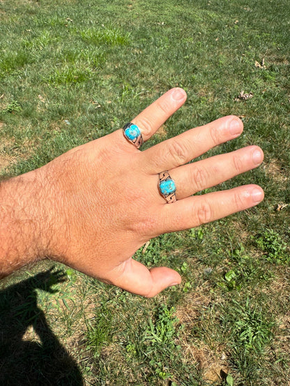 Miami Cuban Ring - 925 Silver Oxidized - Genuine Blue Turquoise Stone