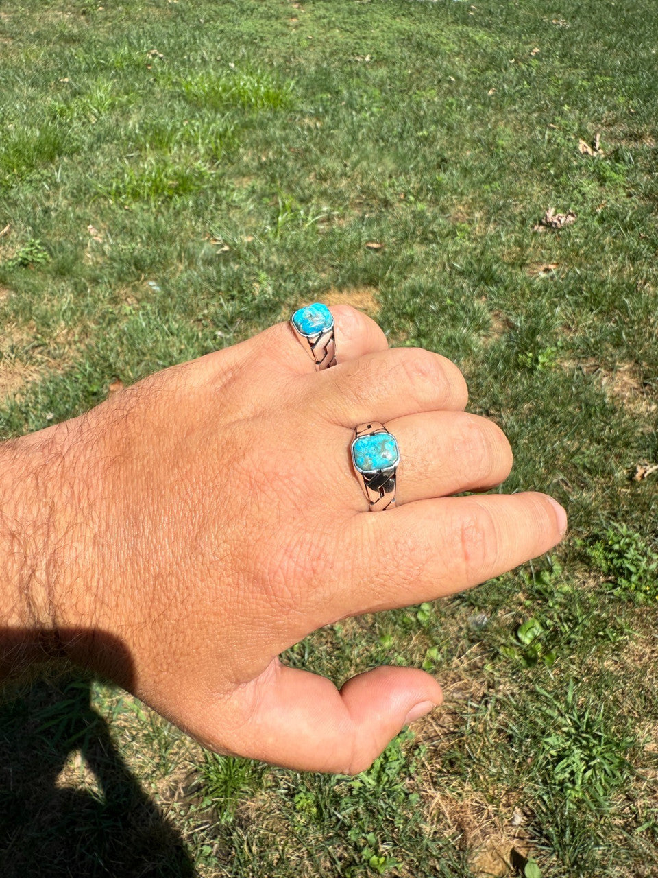 Miami Cuban Ring - 925 Silver Oxidized - Genuine Blue Turquoise Stone