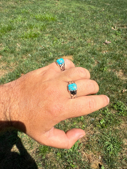 Miami Cuban Ring - 925 Silver Oxidized - Genuine Blue Turquoise Stone