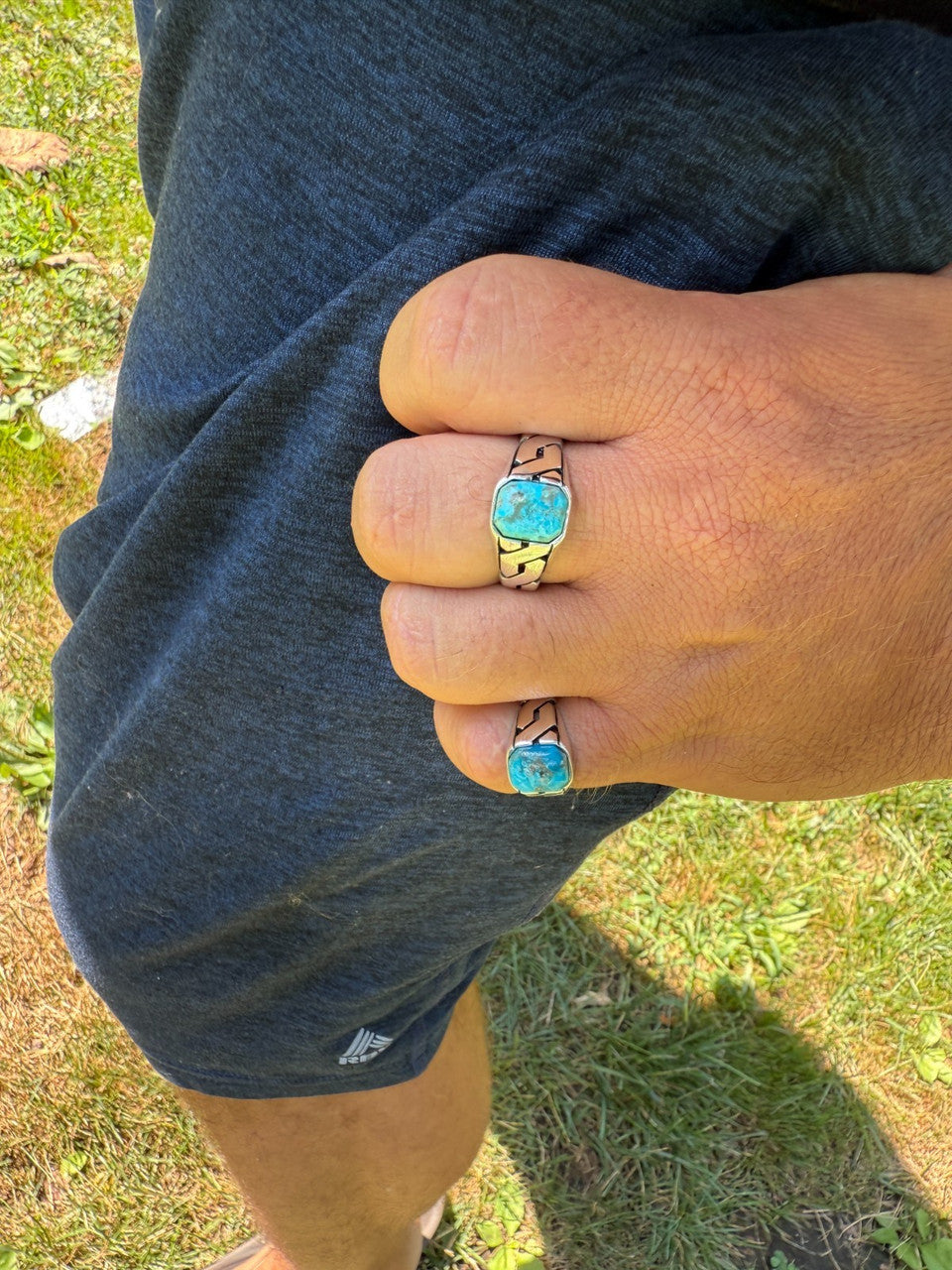 Miami Cuban Ring - 925 Silver Oxidized - Genuine Blue Turquoise Stone