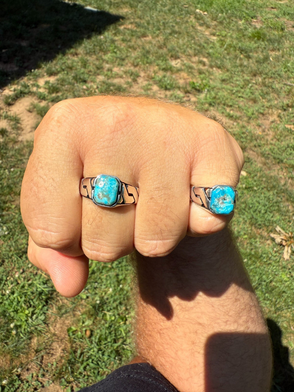 Miami Cuban Ring - 925 Silver Oxidized - Genuine Blue Turquoise Stone