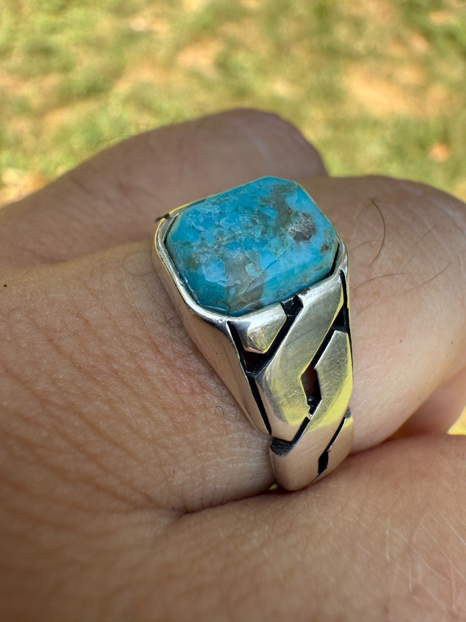 Miami Cuban Ring - 925 Silver Oxidized - Genuine Blue Turquoise Stone