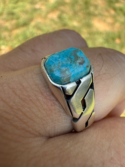 Miami Cuban Ring - 925 Silver Oxidized - Genuine Blue Turquoise Stone