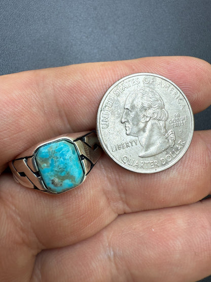 Miami Cuban Ring - 925 Silver Oxidized - Genuine Blue Turquoise Stone