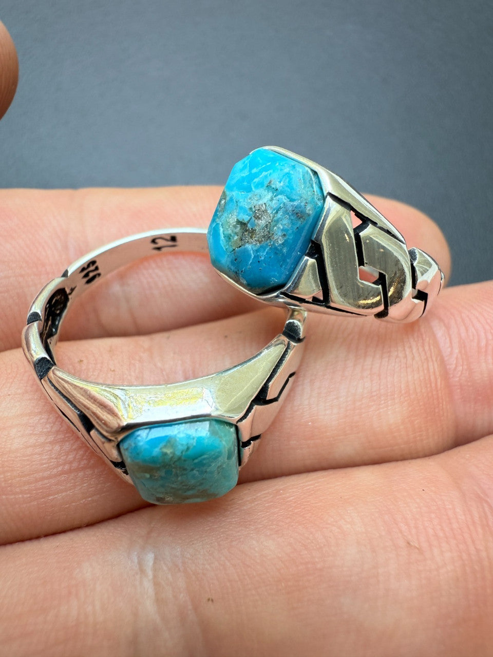 Miami Cuban Ring - 925 Silver Oxidized - Genuine Blue Turquoise Stone