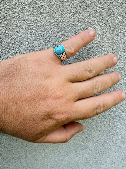 Miami Cuban Ring - 925 Silver Oxidized - Genuine Blue Turquoise Stone