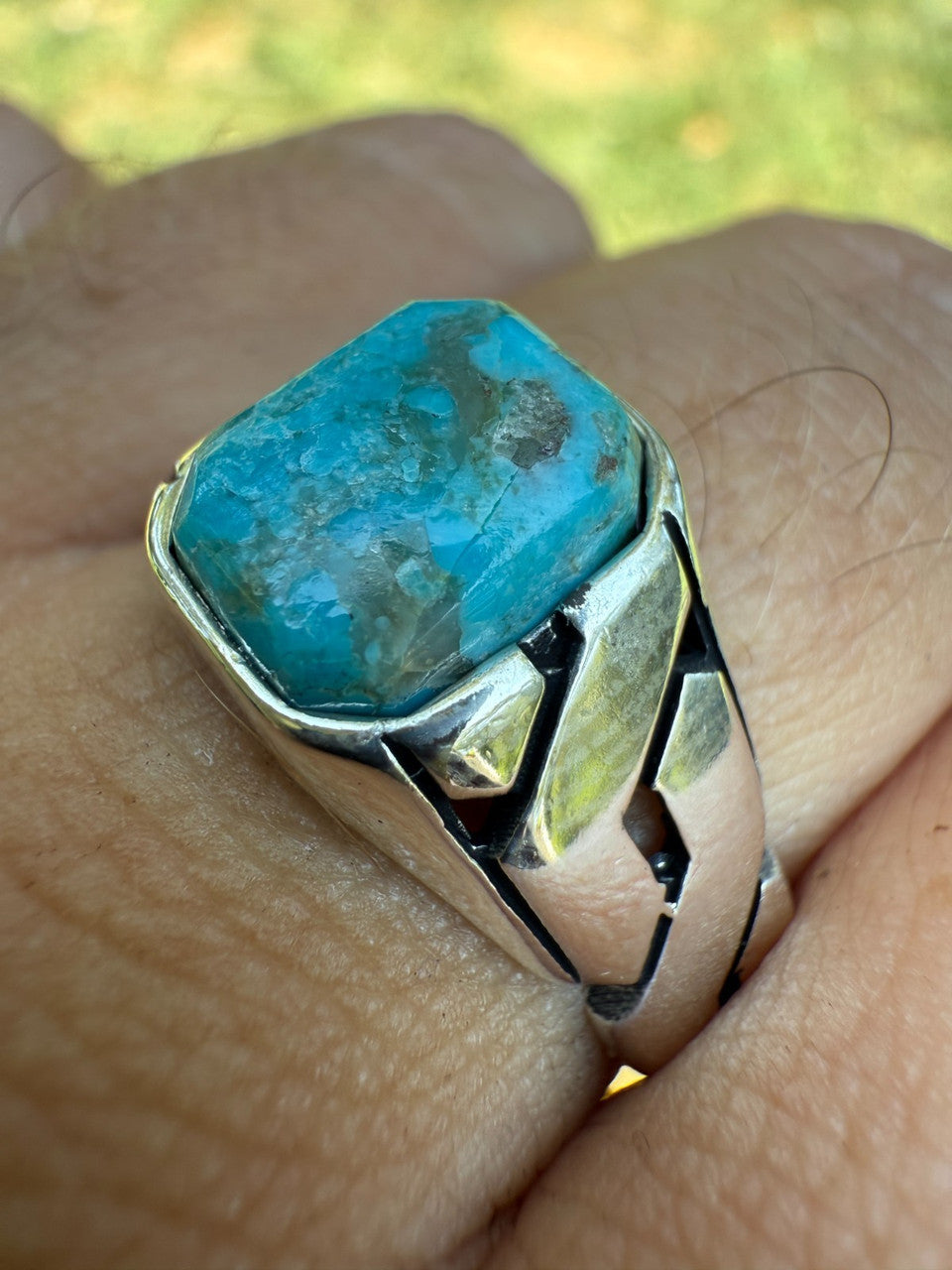 Miami Cuban Ring - 925 Silver Oxidized - Genuine Blue Turquoise Stone