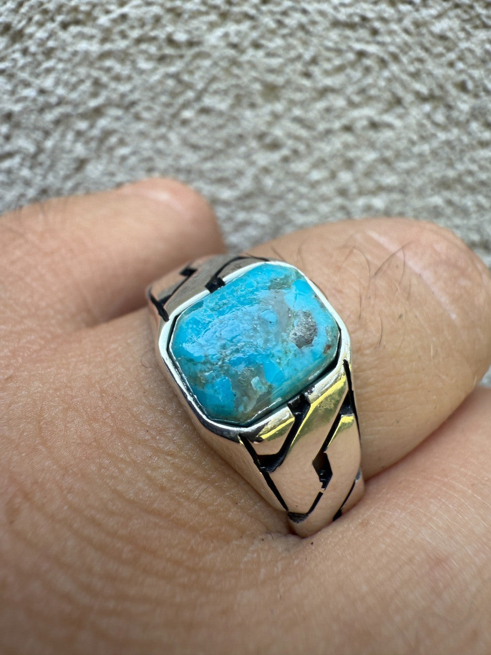 Miami Cuban Ring - 925 Silver Oxidized - Genuine Blue Turquoise Stone