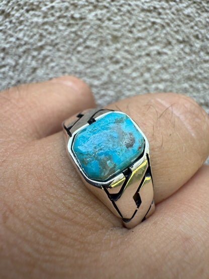 Miami Cuban Ring - 925 Silver Oxidized - Genuine Blue Turquoise Stone