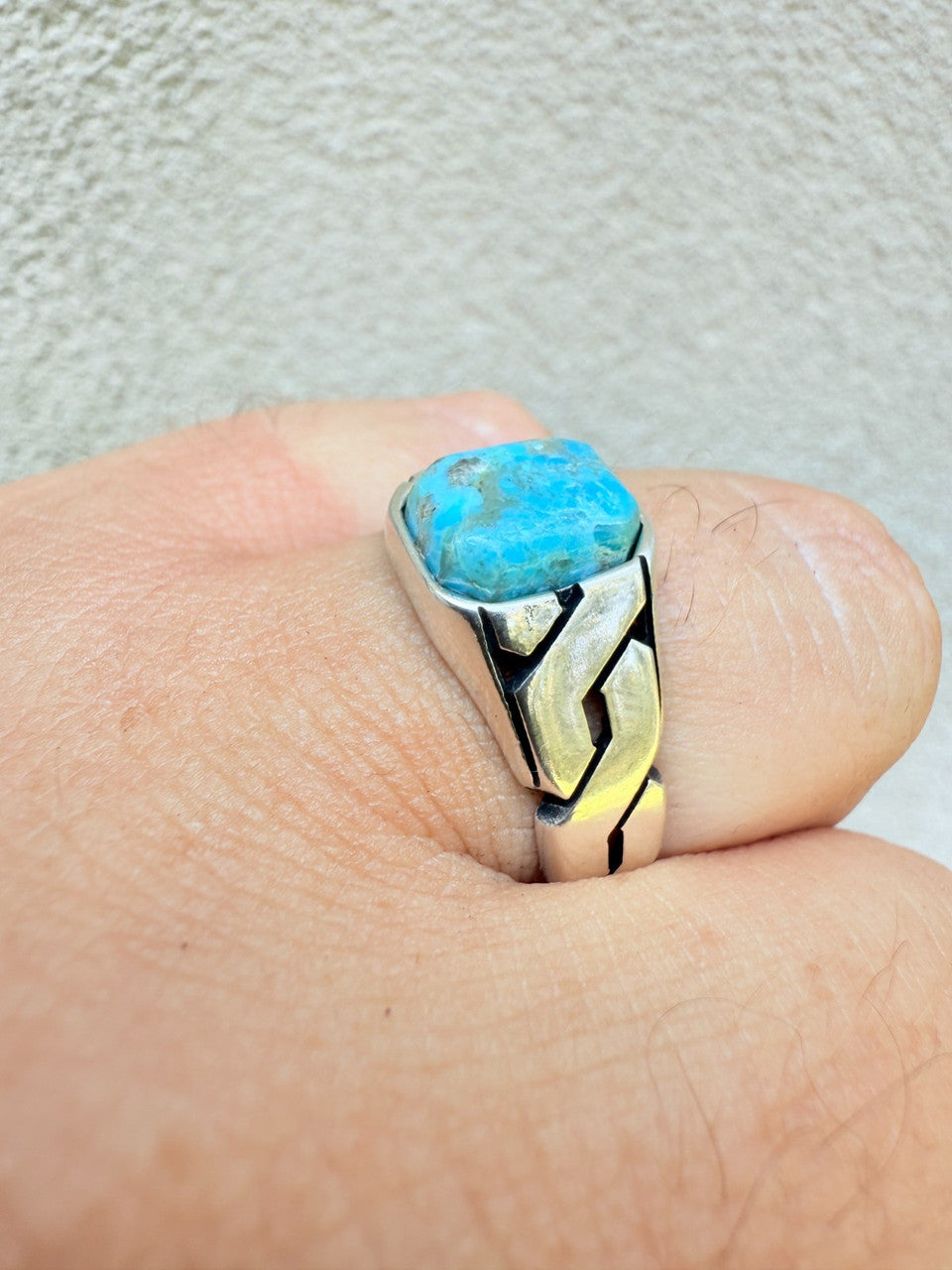 Miami Cuban Ring - 925 Silver Oxidized - Genuine Blue Turquoise Stone