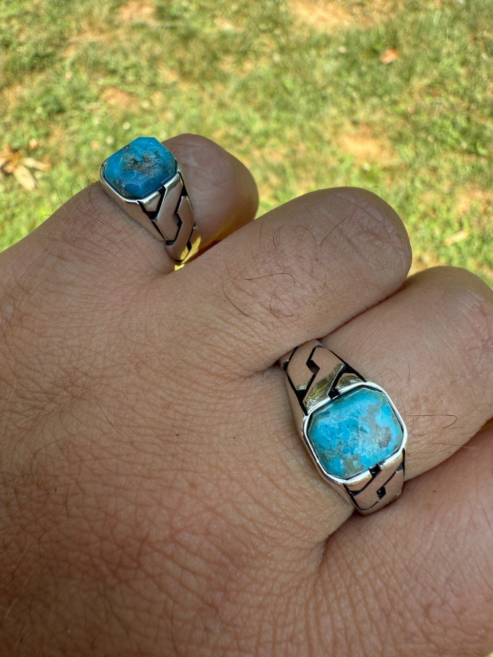 Miami Cuban Ring - 925 Silver Oxidized - Genuine Blue Turquoise Stone