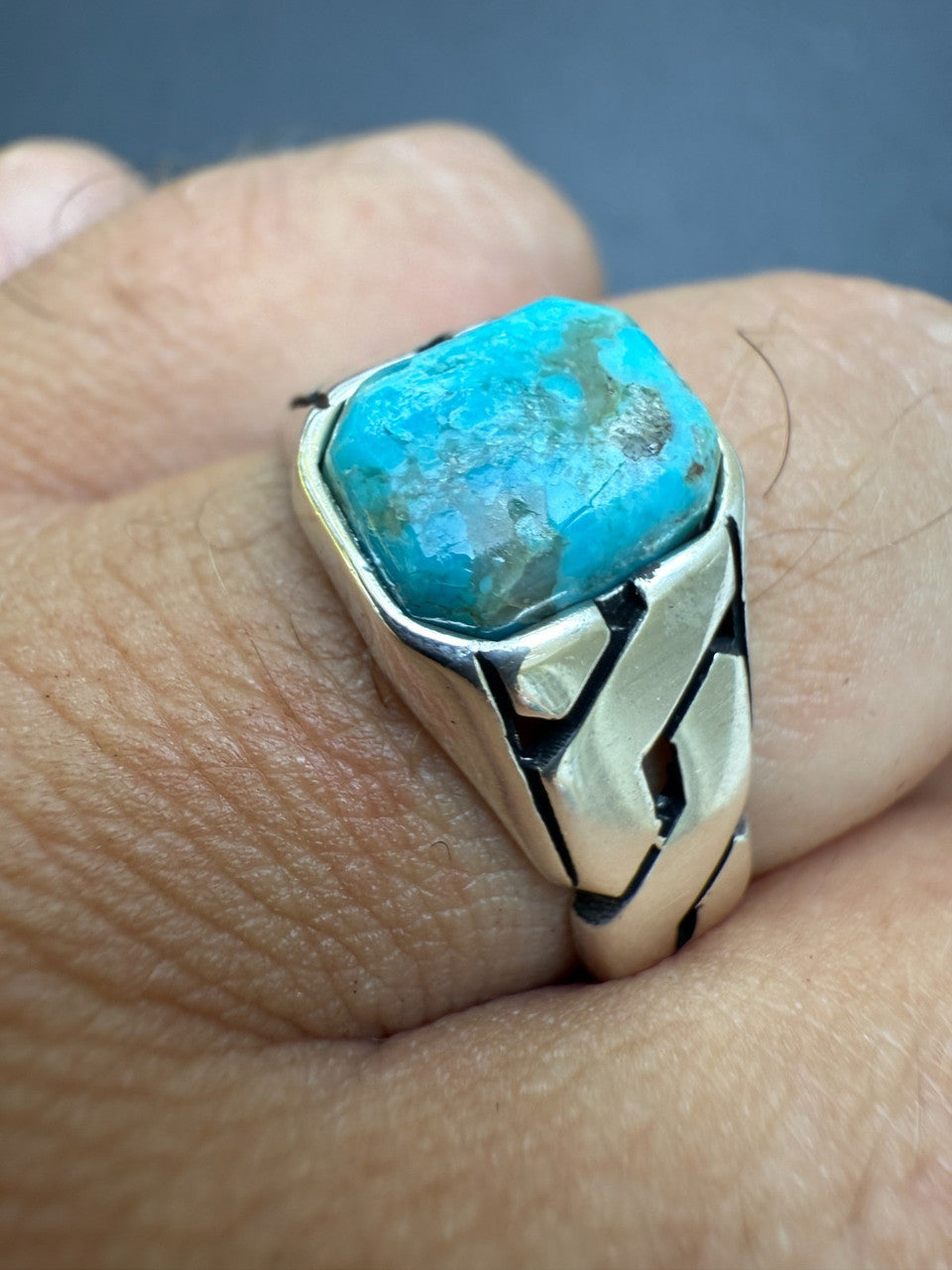 Miami Cuban Ring - 925 Silver Oxidized - Genuine Blue Turquoise Stone