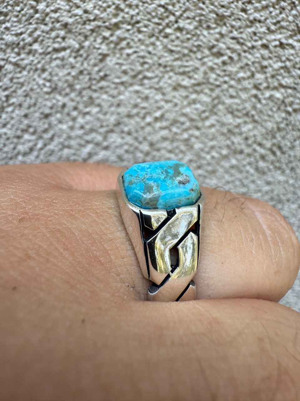 Miami Cuban Ring - 925 Silver Oxidized - Genuine Blue Turquoise Stone
