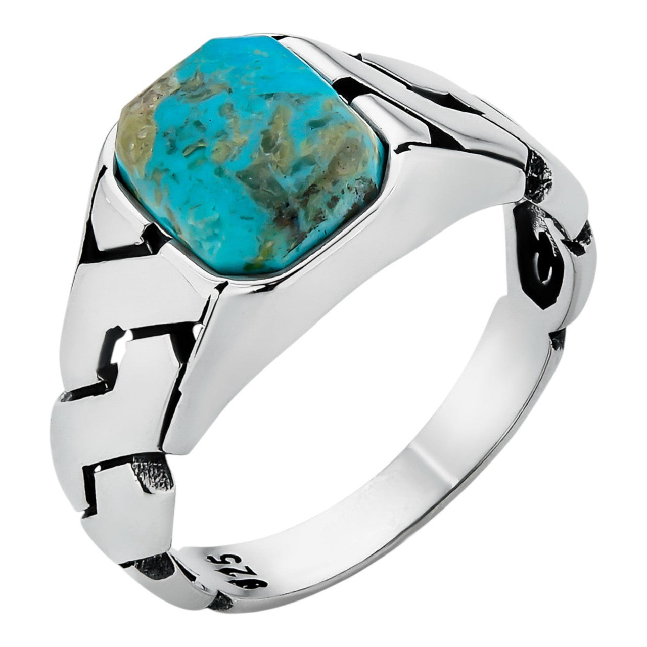 Miami Cuban Ring - 925 Silver Oxidized - Genuine Blue Turquoise Stone