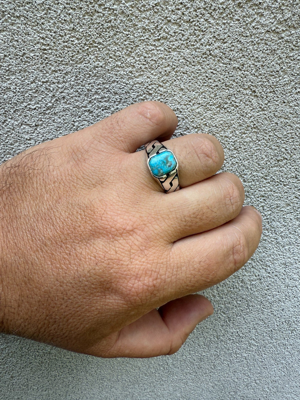 Miami Cuban Ring - 925 Silver Oxidized - Genuine Blue Turquoise Stone
