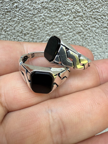 Miami Cuban Ring - 925 Silver Oxidized - Genuine Black Onyx Stone