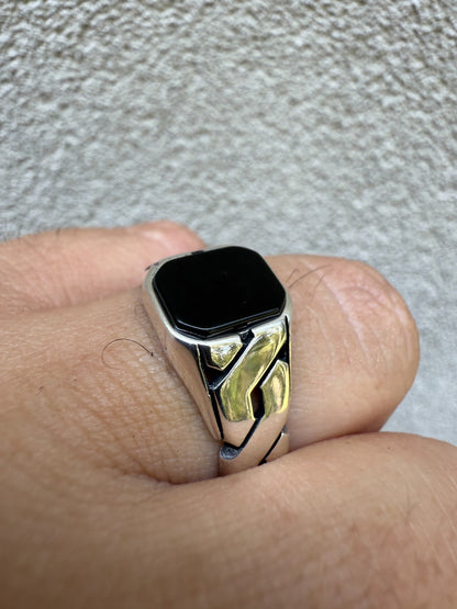 Miami Cuban Ring - 925 Silver Oxidized - Genuine Black Onyx Stone