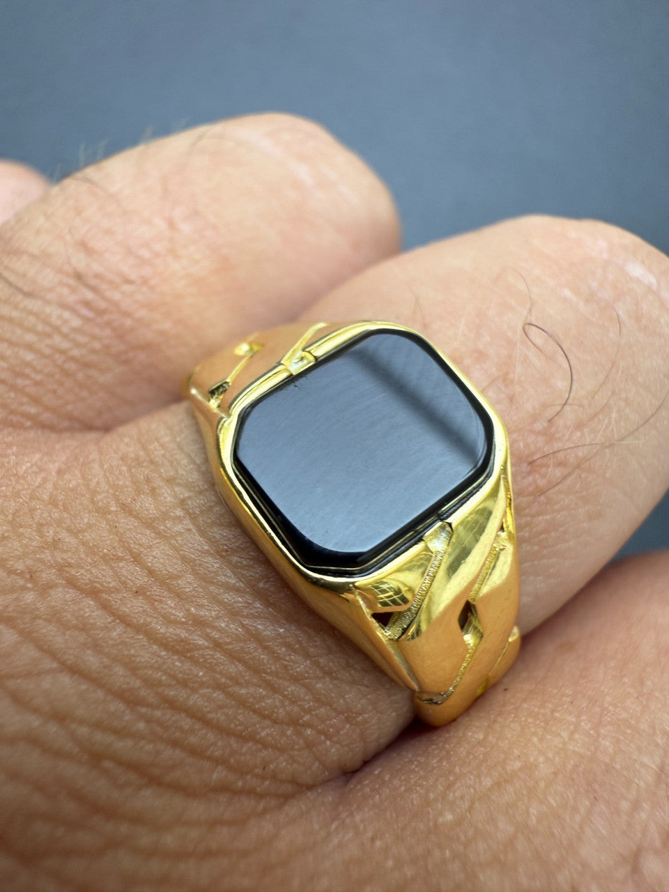 Miami Cuban Ring - 14k Gold Vermeil 925 Silver - Genuine Black Onyx Stone