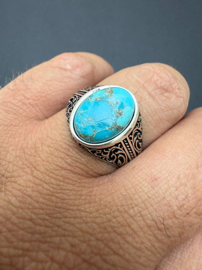 Arabian Nights Ring - 925 Silver Oxidized - Genuine Blue Turquoise Stone