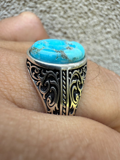 Arabian Nights Ring - 925 Silver Oxidized - Genuine Blue Turquoise Stone