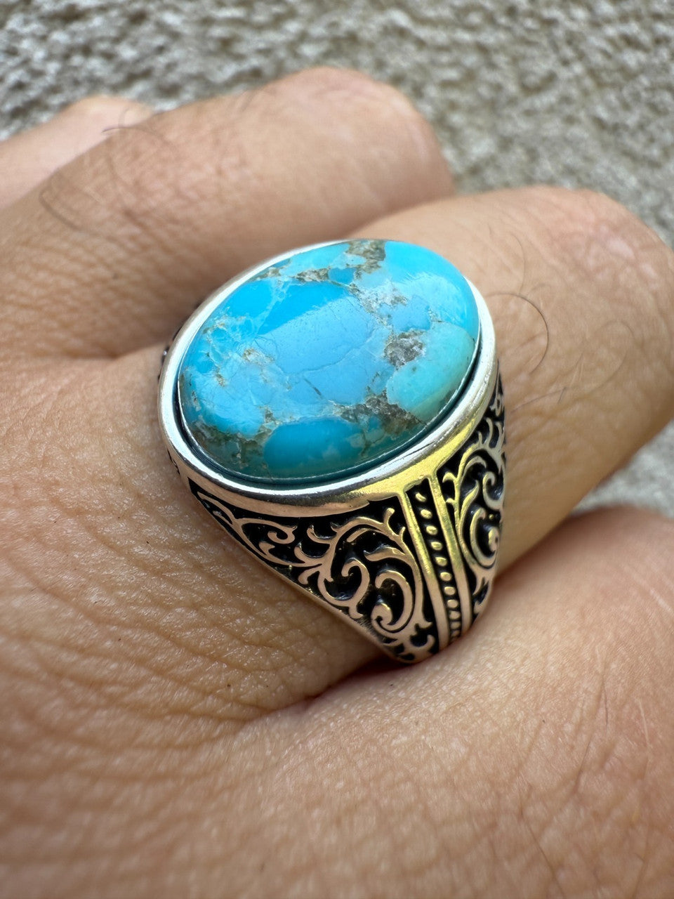 Arabian Nights Ring - 925 Silver Oxidized - Genuine Blue Turquoise Stone